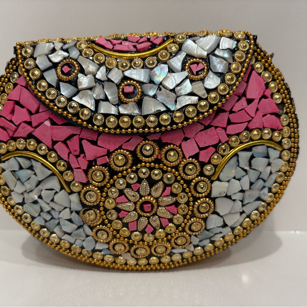 Ramla Beverly Mosaic Embellished Pink and Gold Clutch/Crossbody Purse.  NWOT